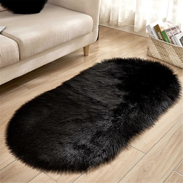 Superblødt, fluffy gulvtæppe, ovalt tæppe i imiteret pels Black 50*80cm