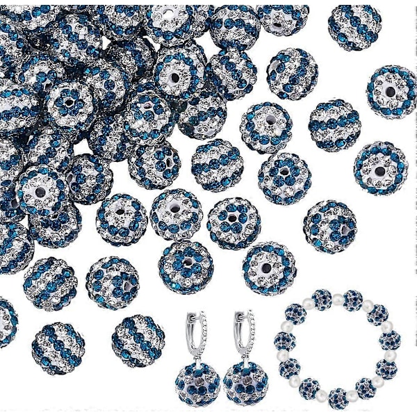 50 stk. 10 mm Stribede Rhinestone Perler Blå Hvide Lerperler Polymer Ler Pave Krystalperler Diskokugleperler 1,6 mm Hul Runde Diamantperler til Smykker