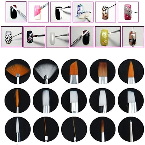 Nagelkonstset, 15 st nagellackborstar med 5 st nagelprickpennor för nageldesign (vit)