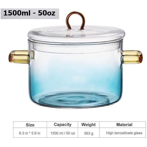 Glaskokkärl - 1,5 l/50 oz värmebeständigt borosilikatglas handgjord köksutrustning spisgryta - säker för pastanudlar, soppa, mjölk, te