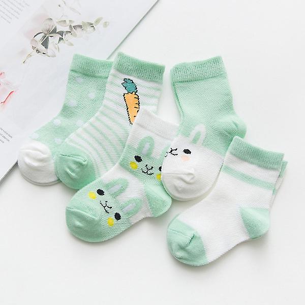 5 par söta tecknade barnsockor andningsbara tunna babystrumpor green L(4-6Year old)
