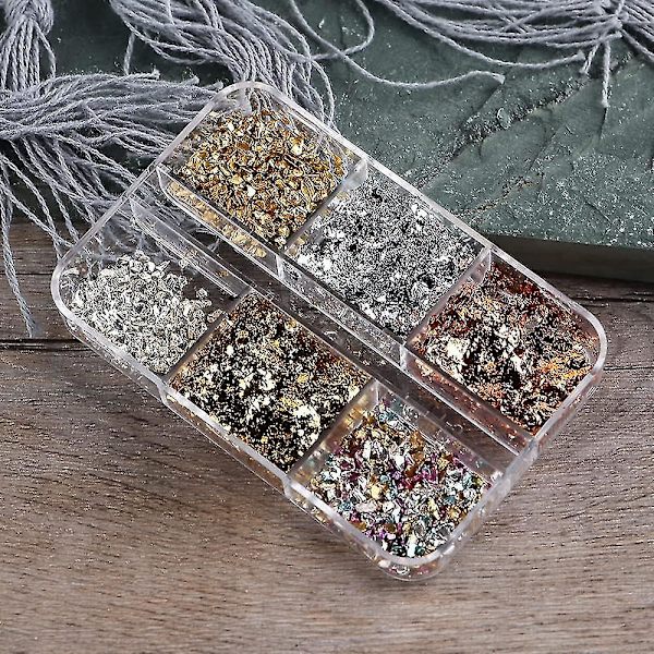 6 Galler Färgglada Nagelkonst Folier Glittrar Aluminiumflingor Nagelkonst Tillbehör Oregelbundna Guld Silver Koppar Nagelfolie För Gel Polish Nagel Dekorationer B
