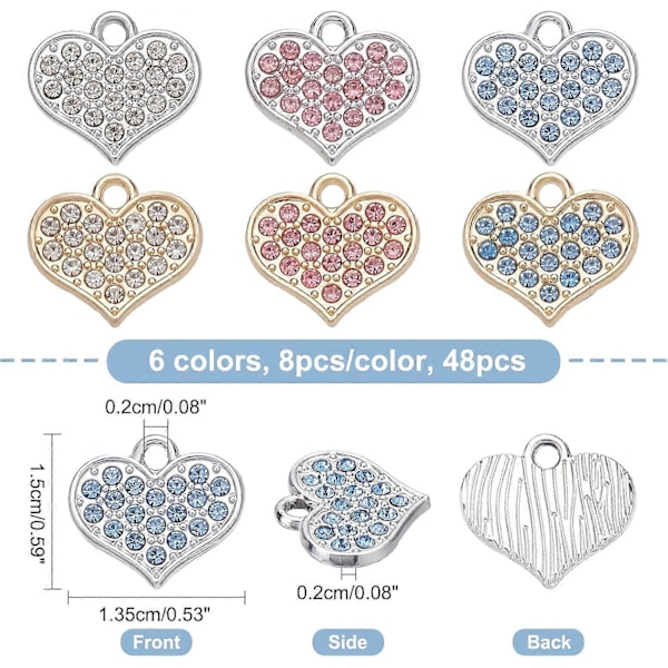 48 stk. 6 farver Rhinestone Hjerte Charms Cubic Zirconia Legering Krystal Vedhæng 13,5x15mm Kærligheds Dingle Charms til Smykkefremstilling Hul: 2mm