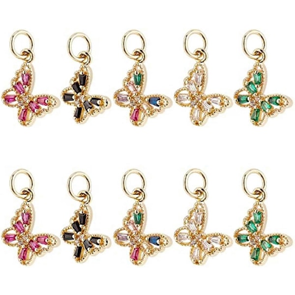 10 st 5 färger Kubisk Zirkonia Fjärilsberlocker Mässing Mikro Pavé Klara Fjärilsberlocker Guldpläterade Flygande Insekts Hängen för Halsband Armband Smycken