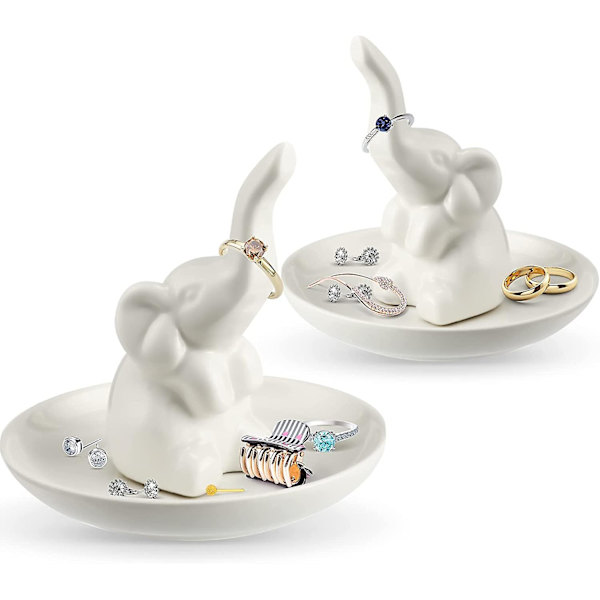 2 stk. Elefant Ringholder Keramisk Ring Skål Ringstativ Til Smykker Forlovelse Bryllup Pyntebakker Til Fødselsdag Jul Valentinsdag Gave, Hvid