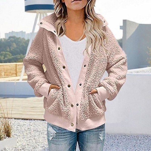 Kort Vinter Cardigan til Kvinder Langærmet Plys Frakke Med Dobbelte Lommer Ensfarvet S Caramel Color