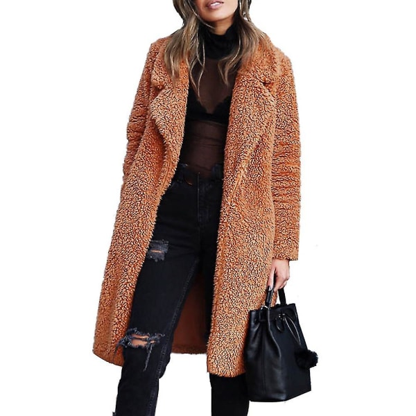 Lång kappa för kvinnor med kavajkrage Långärmad plysch kofta ytterrock XL Caramel Color
