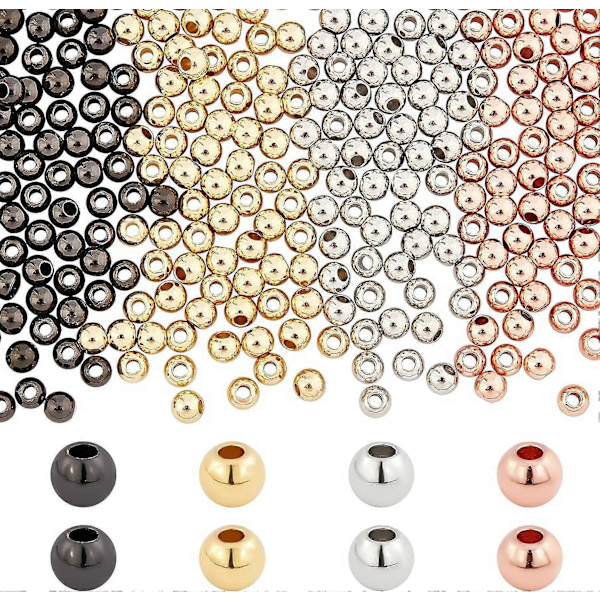 320 st 4 mm Mässing Distanspärlor 4 Färger Runda Metall Långvarig Pläterad Slät Lösa Pärlor för DIY Smyckestillverkning Hål: 1,5 mm