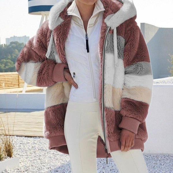 Vinter Fritidskåbe til Kvinder Hættefarveblok Patchwork Kåbe til Middagsselskaber 4XL Caramel Color