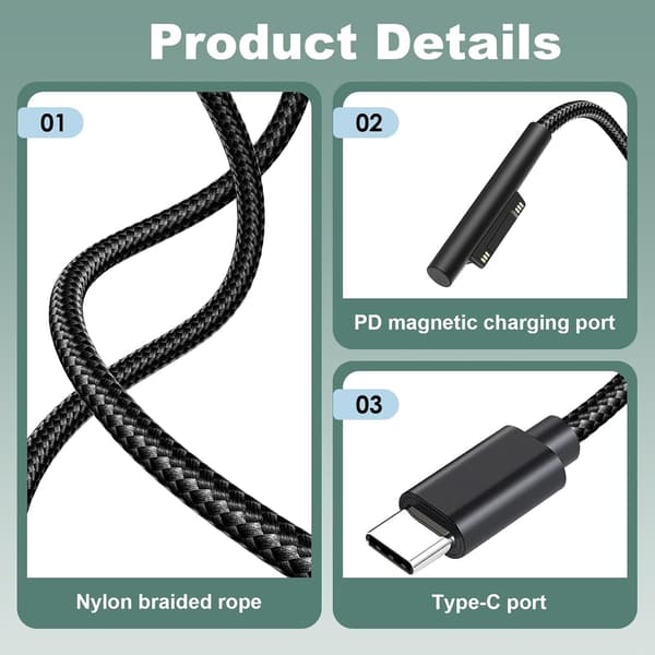 2m USB-C ladekabel, USB-C ladekabel for Surface Pro 3/4/5/6/7, kompatibel med Laptop/Book 1/2 GB 3
