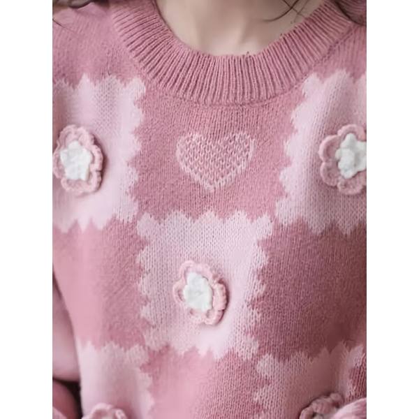 Blomstret patchwork-sweater til Valentinsdag, afslappet langærmet sweater, afslappede toppe til efterår og vinter, dametøj Pink