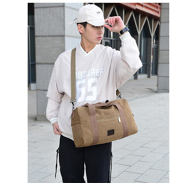 Reisebag, Canvas Stor Kapasitet Gym Tote Bag Weekendbag Overnatting Bag Khaki 44*26*19CM