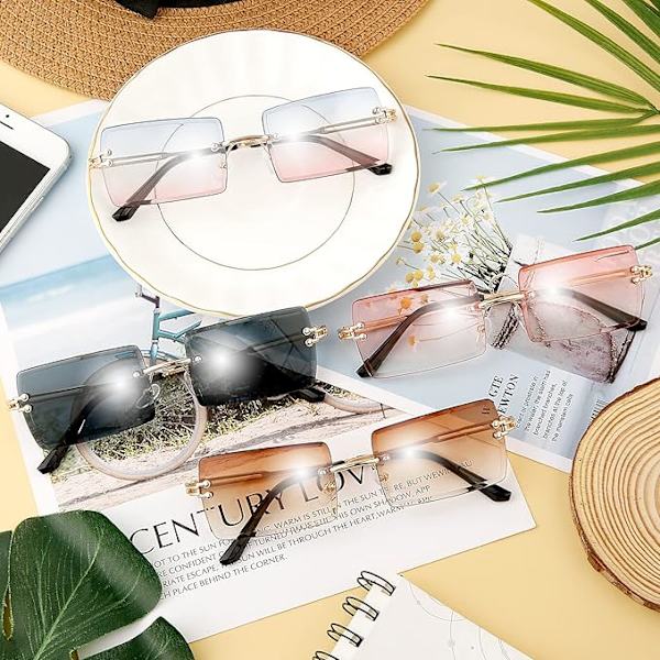 harp Rektangulære Rimless Solbriller, 4 stk. Retro Rektangulære Rimless Solbriller til Kvinder Mænd - Firkantede Rimless Solbriller