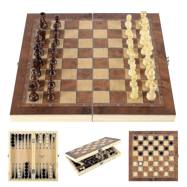 3 i 1 Træ Internationalt Skak Sæt Backgammon Brætspil Damspil Puslespil Foldbart Skakbræt 39x39cm