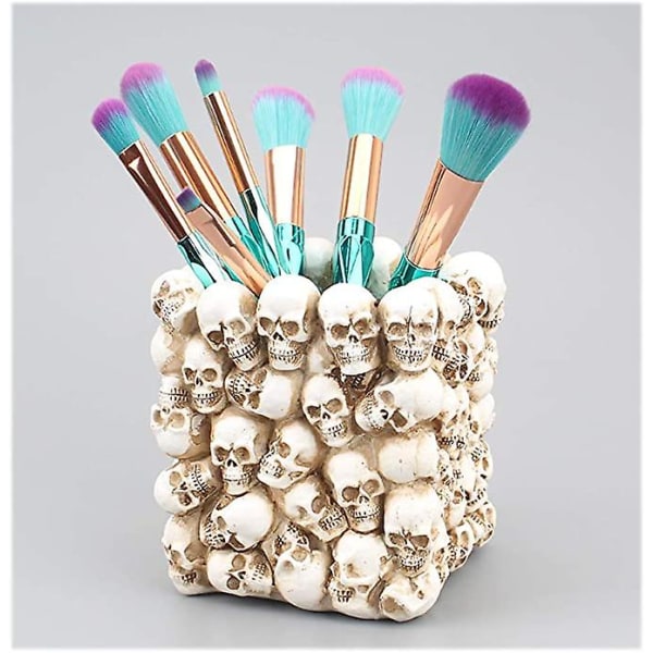 Skull Pennhållare Skull Makeup Borsthållare Pennhållare Sminkbord Kontorsskrivbord Förvaringslåda Halloween Skull Skrivbordspapper Pins Organizer