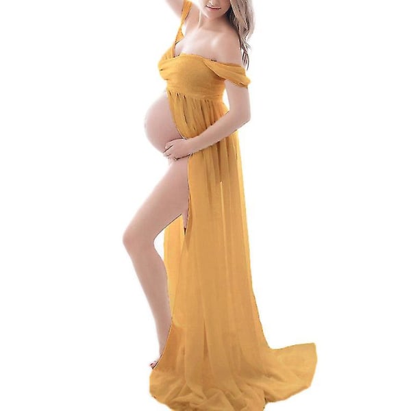Gravidklänning Off Shoulder Långärmad Gravidklänning för fotografering Gravidklänning för fotografering Yellow L