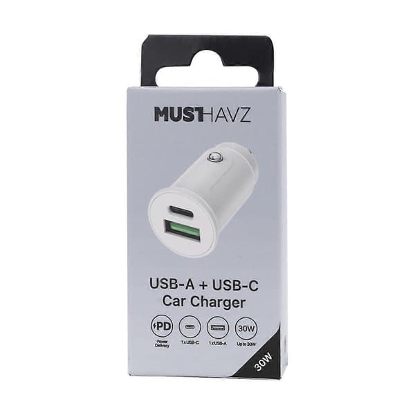 12W USB-A / 30W USB-C Billader, Power Delivery-kompatibel, Hvit