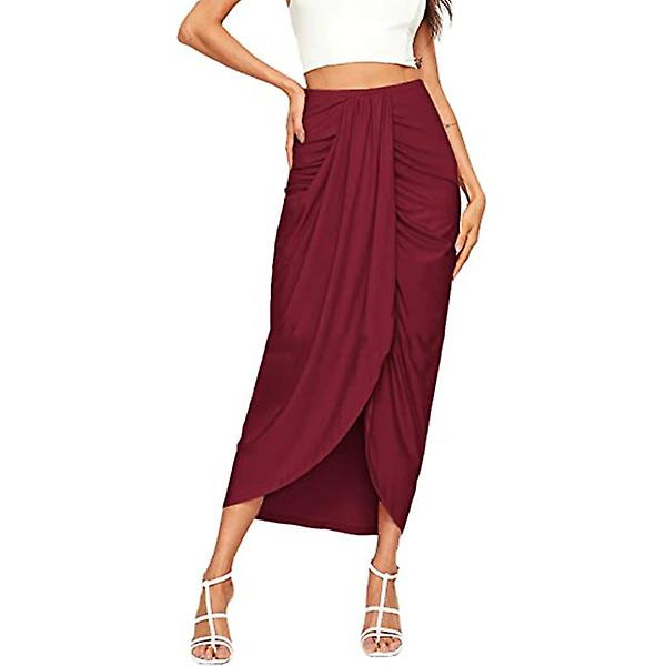 Kvinnors Casual Slit Wrap Asymmetrisk Elastisk Hög Midja Kjol Red M