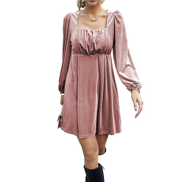Kvinnors fyrkantiga halsringning sammet klänning, vintage långärmad klänning Pink M