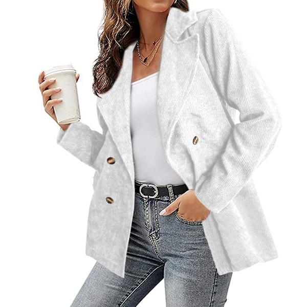 Kordfløyelsjakke for kvinner, ensfarget, løs jakke med jakkeslag, moteriktig yttertøy med lange ermer for 2XL White