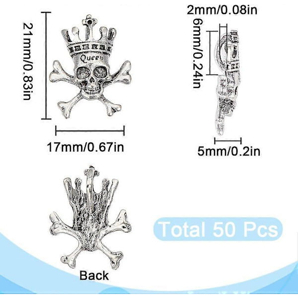 1 Æske 50 stk. Små Sølv Dødningehoved Charms Skelet Hoved Charms Bulk Halloween Antikke Dødningehoved Krone Dødningehoveder Tibetansk Legering Gotisk Charm til Smykkefremstilling Char