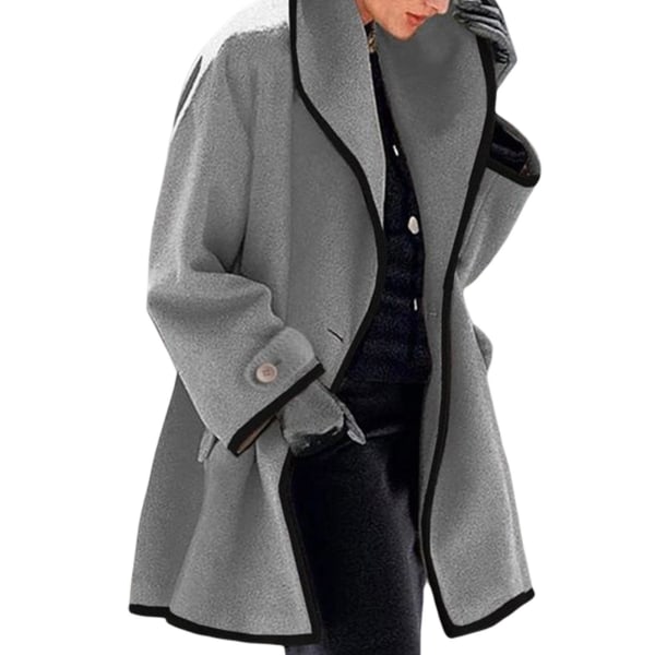Kvinnors höst vinter ull kappa huva färg block ull kappa långärmad L Gray