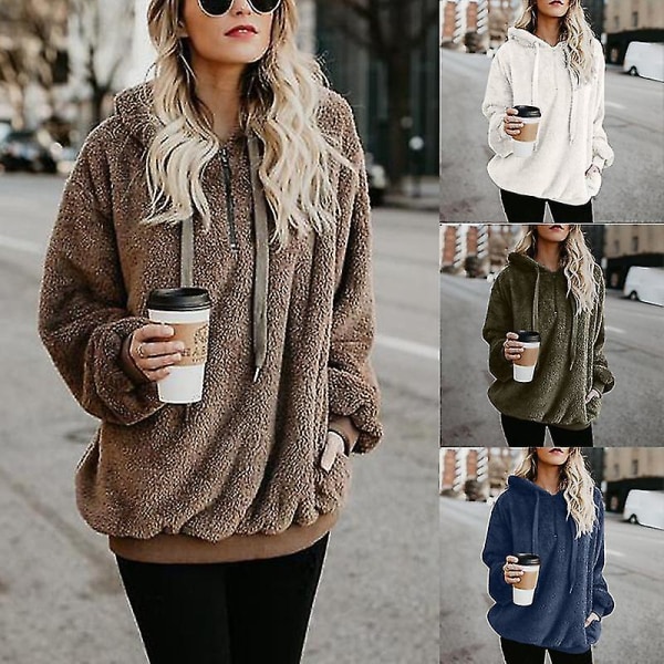 Mjuk och fluffig sweatshirt för kvinnor, höst och vinter, varm dragkedja upp huvtröja pullover med S Brown