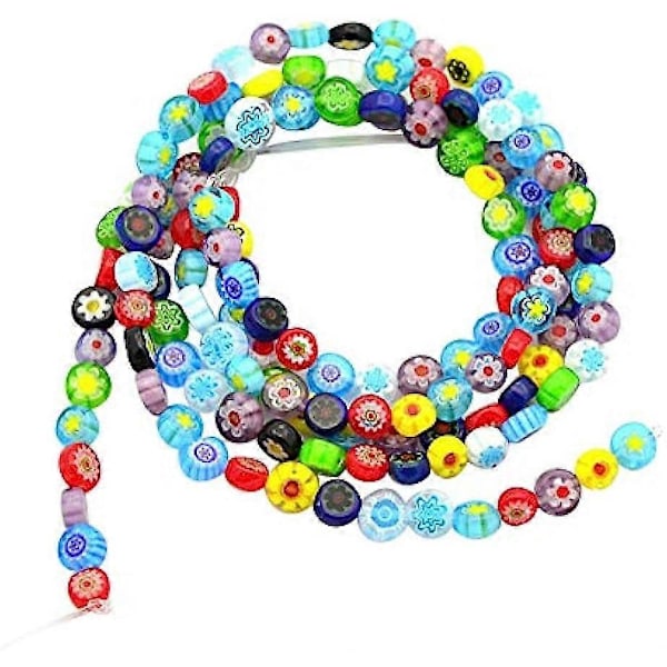 5 tråder 6mm Millefiori Lampwork Glassperler Flat Runde Spacerperler for Smykkefremstilling