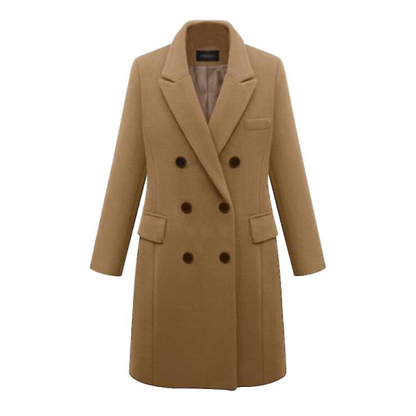 Dame Dobbeltradet Frakke Reverskrave Vinter Klassisk Filt Lang Jakke 3XL Khaki
