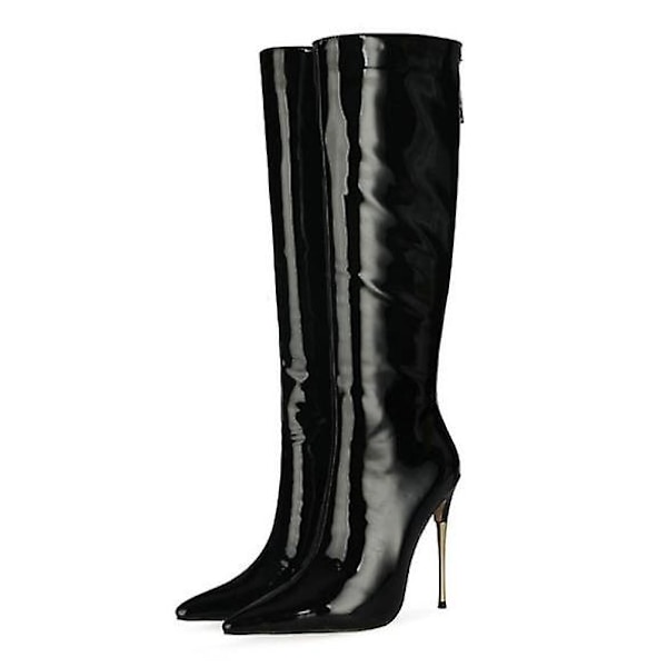 Dame Patent Læder Pu Høje Støvler Spids Tå Lynlås Bagpå Sexede Stiletstøvler Black 41