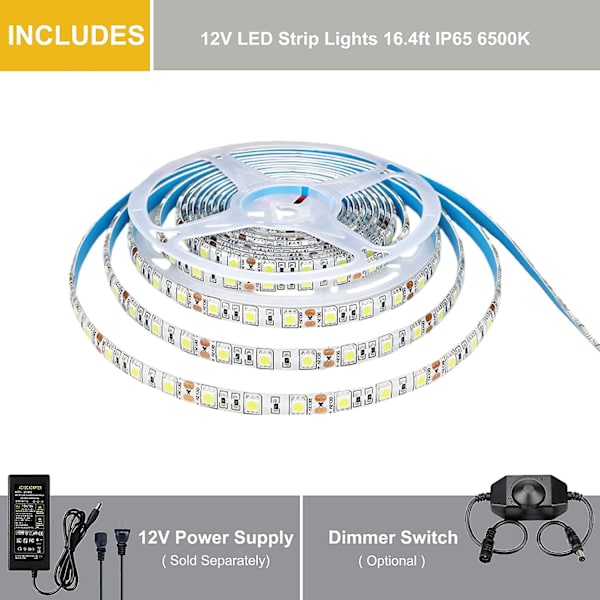 2v LED-remsa kall vit 6500k, 5 meter flexibel 300 lysdioder 5050 smd ip65 vattentät LED-remsa