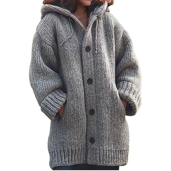 Hettegenser strikket genser dame høst vinter mellomlang ensfarget knappegenser 3XL Gray