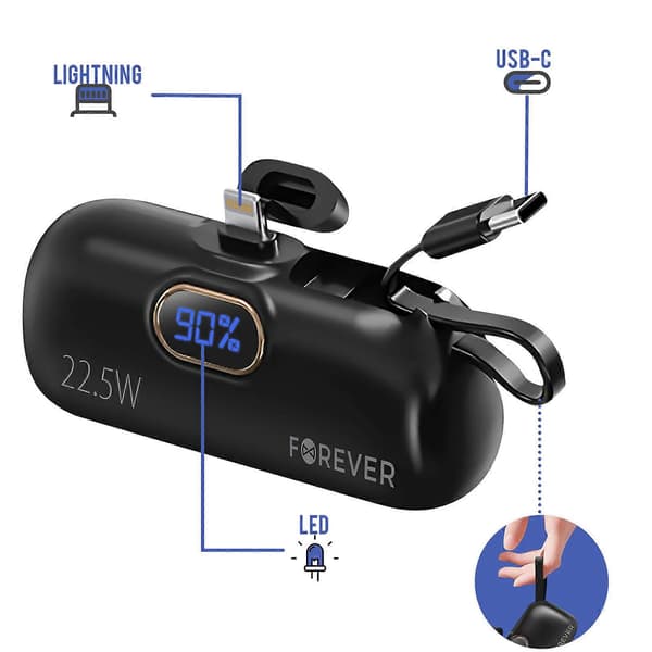 Eksternt batteri 5000mAh Lightning-stik + integreret USB C-kabel, Sort