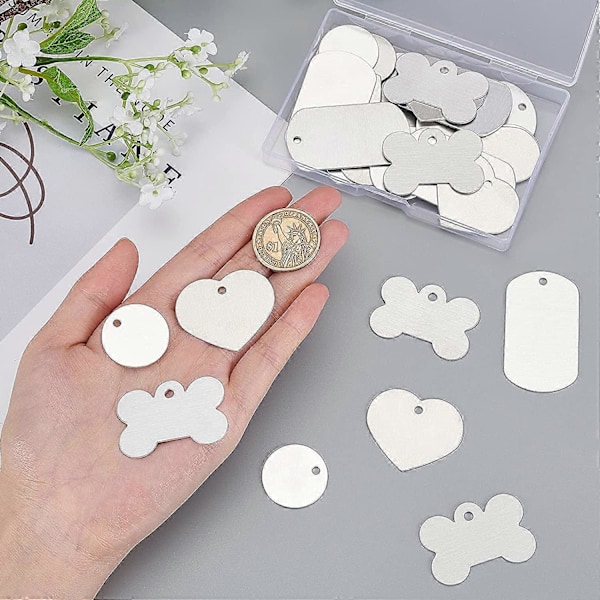 32 pakker store runde blanke rektangler hjerte stemplingsemner knogleformede hundetegn med plastikopbevaringsboks til metalstempling og smykkefremstilling