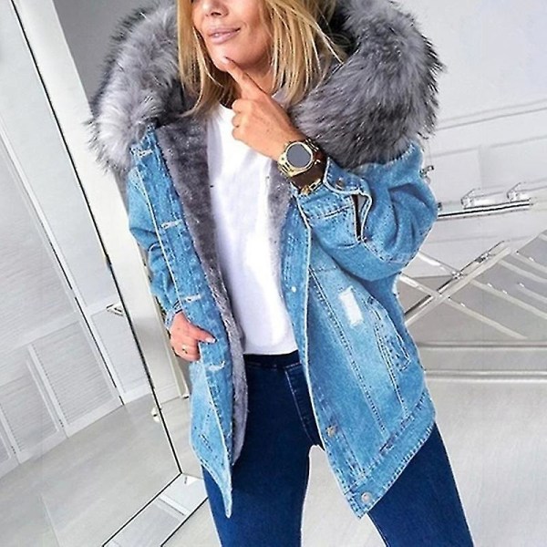 Snygg Parka Retro Plysch Krage Denim Jackor Mode Fleece Fodrad Varm Mid-length 4XL Light Blue