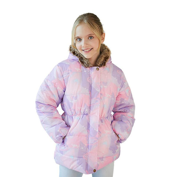 Pigevinterfrakke Jakke Hætte Børn Blomsterprint Parka Overtøj Purple 110