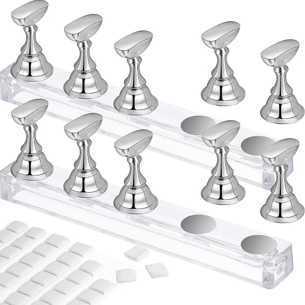2 Set Akryl Nail Art Practice Stand Magnetic Nagel Tips Hållare Träning Fingernagel Display Stand Diy Nail Crystal Hållare och 90 delar White Reus