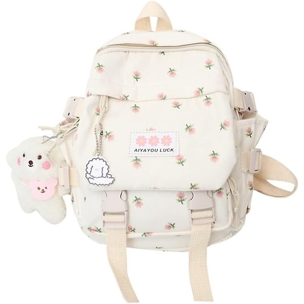 Kawaii Ryggsäck med Kawaii Smycken för Skola Söt Mini Ryggsäck Blommor Japansk Skolväska för Tonårsflickor (Vit)