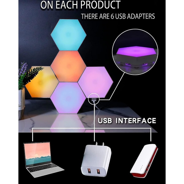 Sekskantlys med fjernkontroll, smarte DIY sekskantede vegglamper, doble kontroll hexagonale LED-lys veggpaneler med USB-strøm