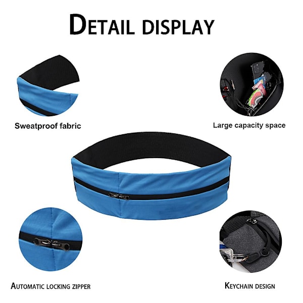 Melkesilke Sports Elastisk Midjeveske Dobbel Glidelåslomme Belteveske Vanntett Løping Yoga Midjeveske blue