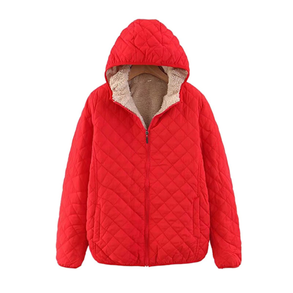 Hettejakke for kvinner, plysjfôr, cellequiltet kort jakke med glidelåslukking 2XL Red