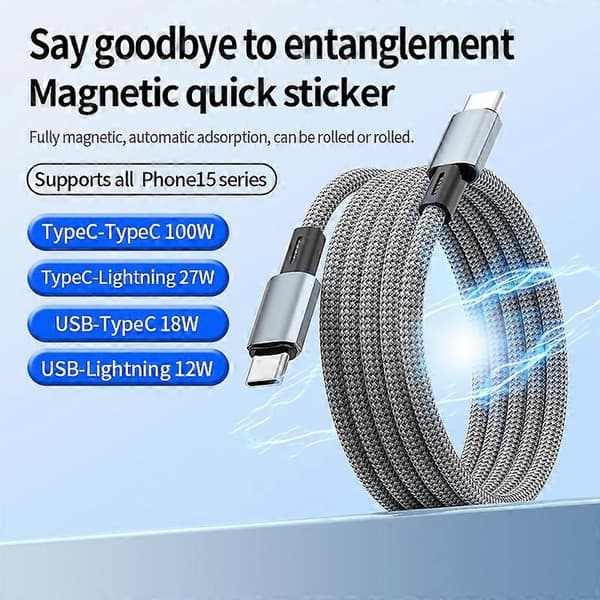 1,5 m Type-C til Type-C PD 100W Hurtigladekabel Magnetisk Telefondatakabel