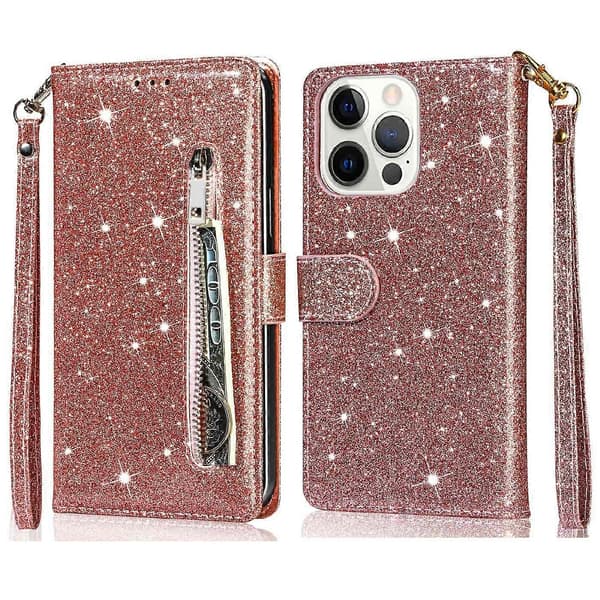 Glitter Paljetter Handledsrem Dragkedjeficka Plånbok Flip Läderfodral med Stativ för iPhone 13 Pr