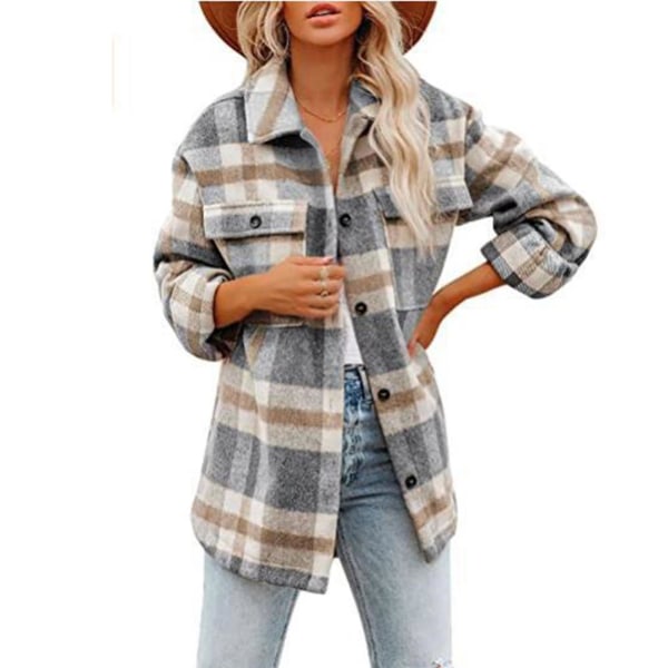 Flanelljakke for kvinner, løs modell, nedbrettskrage, rutemønster, enkelknepping, avslappet XL Khaki