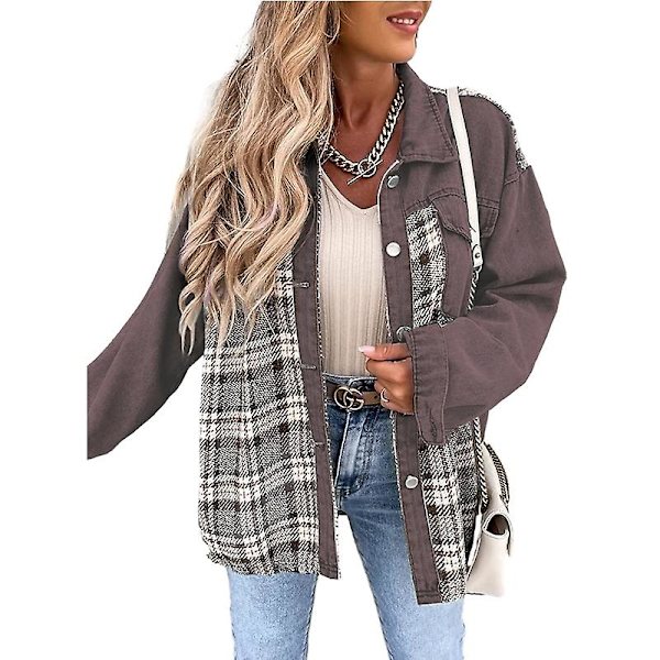 Naisten napilliset denimtakit, pitkähihaiset vapaa-ajan paidat Brown XL