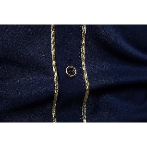 Broderad långärmad Slim Fit Button Down Casual Partyskjorta för män Navy Blue XXL