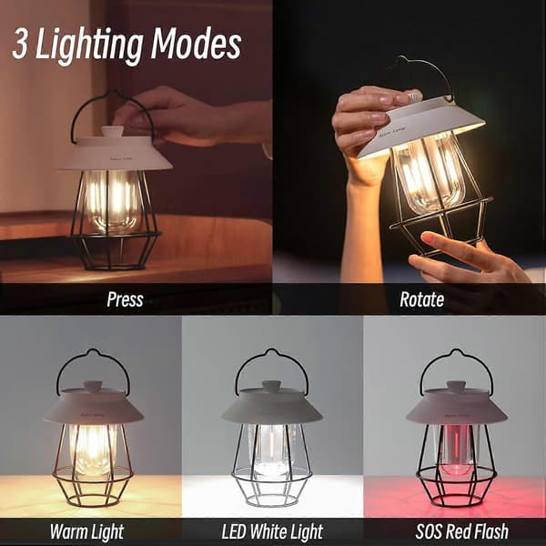 LED Vintage Oppladbare Barebones Lykter, Retro Bærbare Vanntette Campinglykter i Metall med 3 Dimmebare Kontrollmoduser WHITE