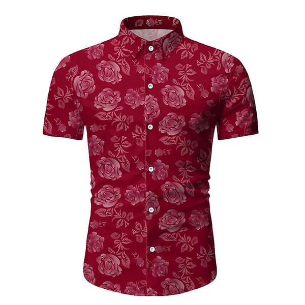 Blomstrete Hawaiiskjorte for menn, bomull, kort erm, knapper Red L