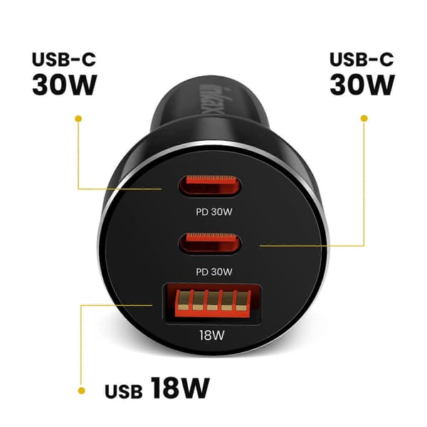Cigar Lighter Oplader 78W Dobbelt USB-C + USB Kompakt Hurtig Opladning, Sort