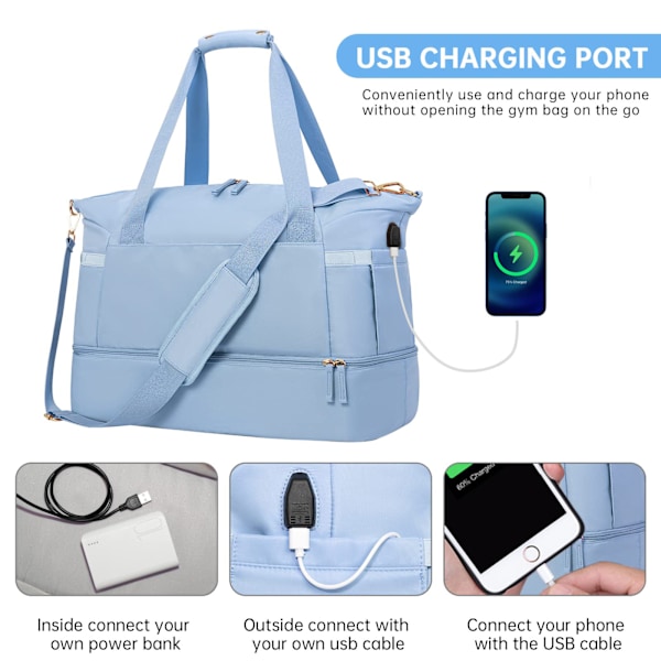 Gymväska för kvinnor, sportreseväska med USB-laddningsport blue